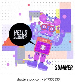 Trendy geometric elements memphis summer greeting cards design. Retro style Robot saying hello summer. Modern abstract design poster and cover template.