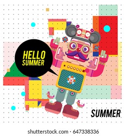 Trendy geometric elements memphis summer greeting cards design. Retro style Robot saying hello summer. Modern abstract design poster and cover template.