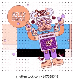 Trendy geometric elements memphis summer greeting cards design. Retro style Robot saying hello summer. Modern abstract design poster and cover template.