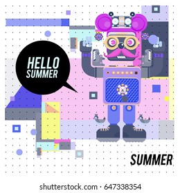 Trendy geometric elements memphis summer greeting cards design. Retro style Robot saying hello summer. Modern abstract design poster and cover template.