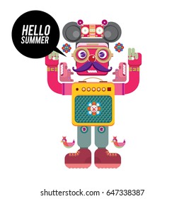 Trendy geometric elements memphis summer greeting cards design. Retro style Robot saying hello summer. Modern abstract design poster and cover template.