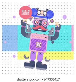 Trendy geometric elements memphis summer greeting cards design. Retro style Robot saying hello summer. Modern abstract design poster and cover template.