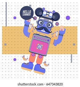 Trendy geometric elements memphis summer greeting cards design. Retro style Robot saying hello summer. Modern abstract design poster and cover template.