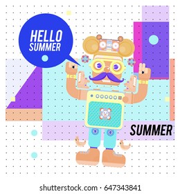 Trendy geometric elements memphis summer greeting cards design. Retro style Robot saying hello summer. Modern abstract design poster and cover template.