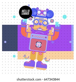 Trendy geometric elements memphis summer greeting cards design. Retro style Robot saying hello summer. Modern abstract design poster and cover template.