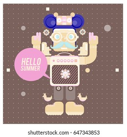 Trendy geometric elements memphis summer greeting cards design. Retro style Robot saying hello summer. Modern abstract design poster and cover template.