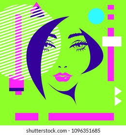 Trendy geometric flat pattern with bright woman face, frame with abstract background for brochure, flyer or presentations design. Modern abstract design poster, cover, card design. Vector illustration
