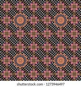 Trendy geometric flat seamless pattern, vector texture for abstract background or brochure, flyer, presentations design. Design for poster, card, invitation in black, brown and pink colors.