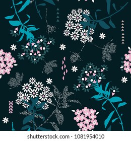 Trendy geometric flower  mix with garden leaf  ,colorful mood for fashion fabric,wallpaper and all prints on dark green background.