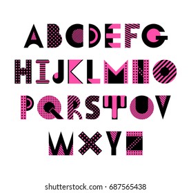 Trendy geometric font. Abstract alphabet in memphis style. Type letters 80s - 90s style. Abc isolated on a white background.