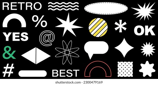 Trendy geometric forms.Shape set y2k style for banner. Y2k aesthetic.Shape set y2k style for decoaration.Simple shapes.Shape set y2k style for poster.Trendy 90s.