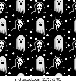 Trendy geometric funny halloween monster with cute horror colorful seamless pattern vector. Creative unusual character for kids and baby textile fashion print illustration background.