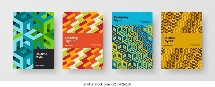 Trendy geometric hexagons front page layout composition. Vivid booklet design vector concept bundle.