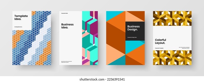 Trendy geometric hexagons front page template collection. Bright catalog cover A4 design vector illustration bundle.