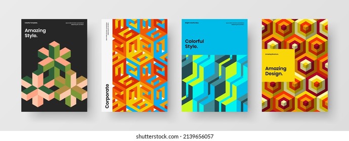 Trendy geometric hexagons presentation layout collection. Colorful company cover A4 design vector illustration set.