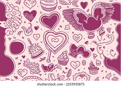 Elementos de la tarjeta Memphis geométricos de moda. Patrón sin fisuras de Memphis para la celebración del día de San Valentín con símbolos de vacaciones en estilo memphis retro de los 80, 90. Ilustración del vector