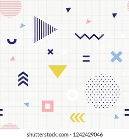 Trendy geometric memphis seamless pattern. Retro style texture and geometric elements. Modern abstract design poster, cover, card design.