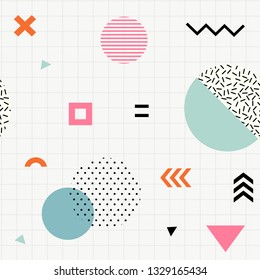 Trendy geometric memphis seamless pattern. Retro style texture and geometric elements. Modern abstract design poster, cover, card design.