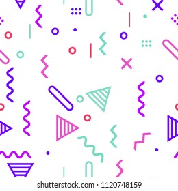 Trendy geometric memphis style pattern. Retro texture, geometric elements. Modern abstract design background for poster, cover, cards, placards, invitations, fabric print, websites, illustration.