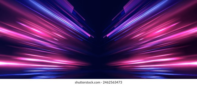 Trendy geometric neon collage for speed movement. Acceleration speed motion on night road. Light and stripes moving fast over dark background.	