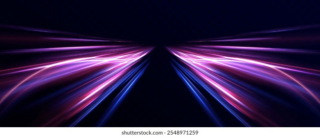 Trendy geometric neon collage for speed movement. Acceleration speed motion on night road. Light and stripes moving fast over dark background.	