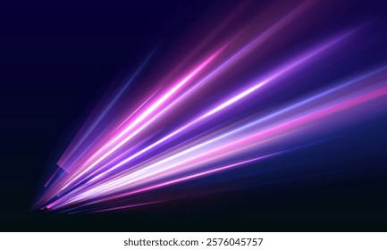 Trendy geometric neon collage for speed movement. Sport car is made of polygons. Horizontal speed lines connection vector background.	