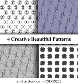 Trendy Geometric Ornament Patterns. Monochrome Vector Set