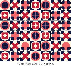 Trendy geometric pattern background, vector abstract triangle and square shapes art. red and navy color trendy bauhaus pattern background