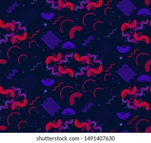 Trendy geometric pattern  in the style of Memphis. Abstract seamless background in purple-red colors. Modern minimalistic design, Wallpaper, template for fashion prints, posters. Vector illustration.