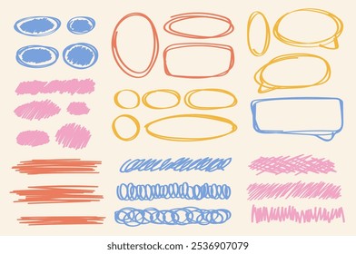 Trendy geometric postmodern primitive shapes. Hand drawn text space, doodles, frames, dots, doodle frames, notes, round ovals. Brutalist shapes for Swiss minimalist design