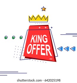 Trendy geometric promotional banner design. King offer lettering. Memphis style. Template for your design works. Vector illustration.