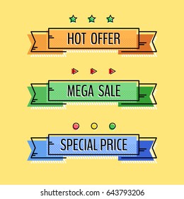 Trendy geometric promotional banner set. Memphis style. Template for your design works. Vector illustration.