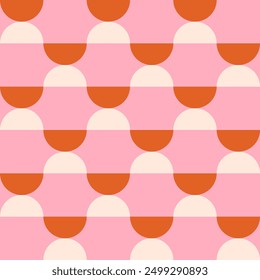 Trendy geometric retro seamless pattern with semicircles on a pink background. Modern abstract background. Pink, orange and beige colors. Vector illustration