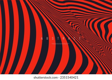 Banda de cinta geométrica de moda en colores negros y rojos. Resumen de líneas de giro 3D para pancarta, afiche, sitio web, placa, portada, publicidad. Antecedentes Art Op Style para fiestas, Festival. Ilustración vectorial