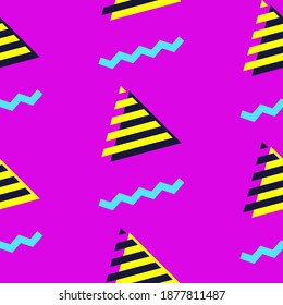 Trendy geometric seamless pattern in 90s style. Zigzags, stripes and triangles in neon colors. Yellow and blue geometric shapes on vibrant purple background. Flat design. Vector illustration.