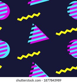 Trendy geometric seamless pattern in 90s style. Zigzags, circles and triangles in neon colors. Memphis style. Yellow, blue and pink geometric shapes on dark blue background. Flat design. Vector format
