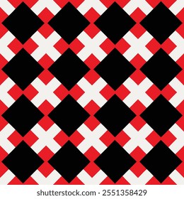 A trendy geometric seamless pattern with black and red squares on a white background. Perfect for fashion textiles, fabric prints, website templates, or modern abstract graphic designs.
