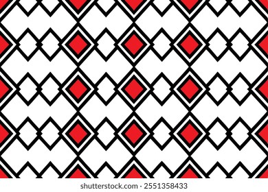 A trendy geometric seamless pattern with black and red squares on a white background. Perfect for fashion textiles, fabric prints, website templates, or modern abstract graphic designs.
