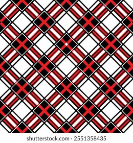 Un patrón geométrico de moda sin fisuras con cuadrados negros y rojos sobre un fondo blanco. Perfecto para textiles de moda, estampados de tela, Plantillas de Sitio web o Diseños gráficos abstractos modernos.
