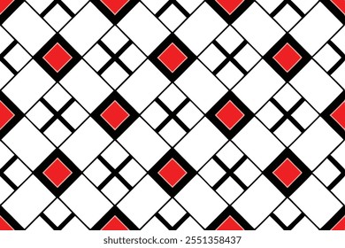 A trendy geometric seamless pattern with black and red squares on a white background. Perfect for fashion textiles, fabric prints, website templates, or modern abstract graphic designs.
