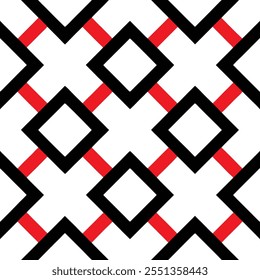 A trendy geometric seamless pattern with black and red squares on a white background. Perfect for fashion textiles, fabric prints, website templates, or modern abstract graphic designs.
