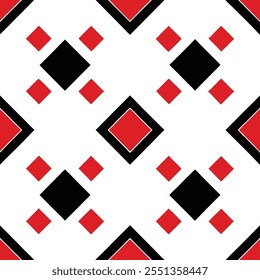 A trendy geometric seamless pattern with black and red squares on a white background. Perfect for fashion textiles, fabric prints, website templates, or modern abstract graphic designs.
