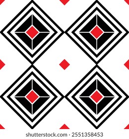 A trendy geometric seamless pattern with black and red squares on a white background. Perfect for fashion textiles, fabric prints, website templates, or modern abstract graphic designs.
