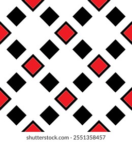 A trendy geometric seamless pattern with black and red squares on a white background. Perfect for fashion textiles, fabric prints, website templates, or modern abstract graphic designs.
