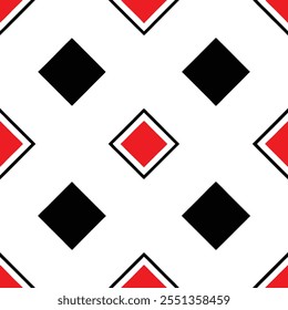 A trendy geometric seamless pattern with black and red squares on a white background. Perfect for fashion textiles, fabric prints, website templates, or modern abstract graphic designs.
