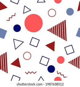 Trendy geometric seamless pattern in Memphis style on white background for fashion print, wallpaper, gift wrapping paper etc.