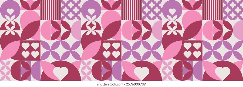 Trendy geometric seamless pattern on the theme of love in pink tones. Valentine's day horizontal banner. Vector illustration