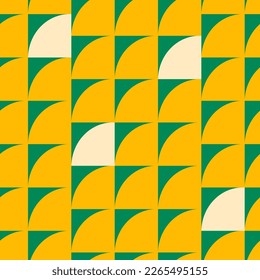 Trendy Geometric Seamless Pattern in retro Swiss design style. Colorful vibrant background texture. Vector illustration. Green and yellow colors.