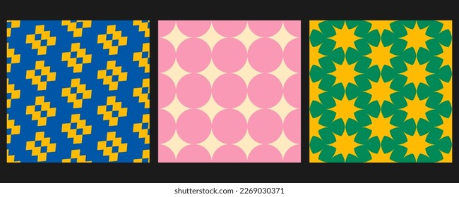 Trendy Geometric Seamless Pattern set in retro Swiss design style. Colorful Vector illustration.