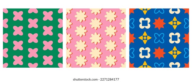 Trendy Geometric Seamless Pattern set in retro Swiss design style. Colorful vibrant background texture collection. Vector illustration.